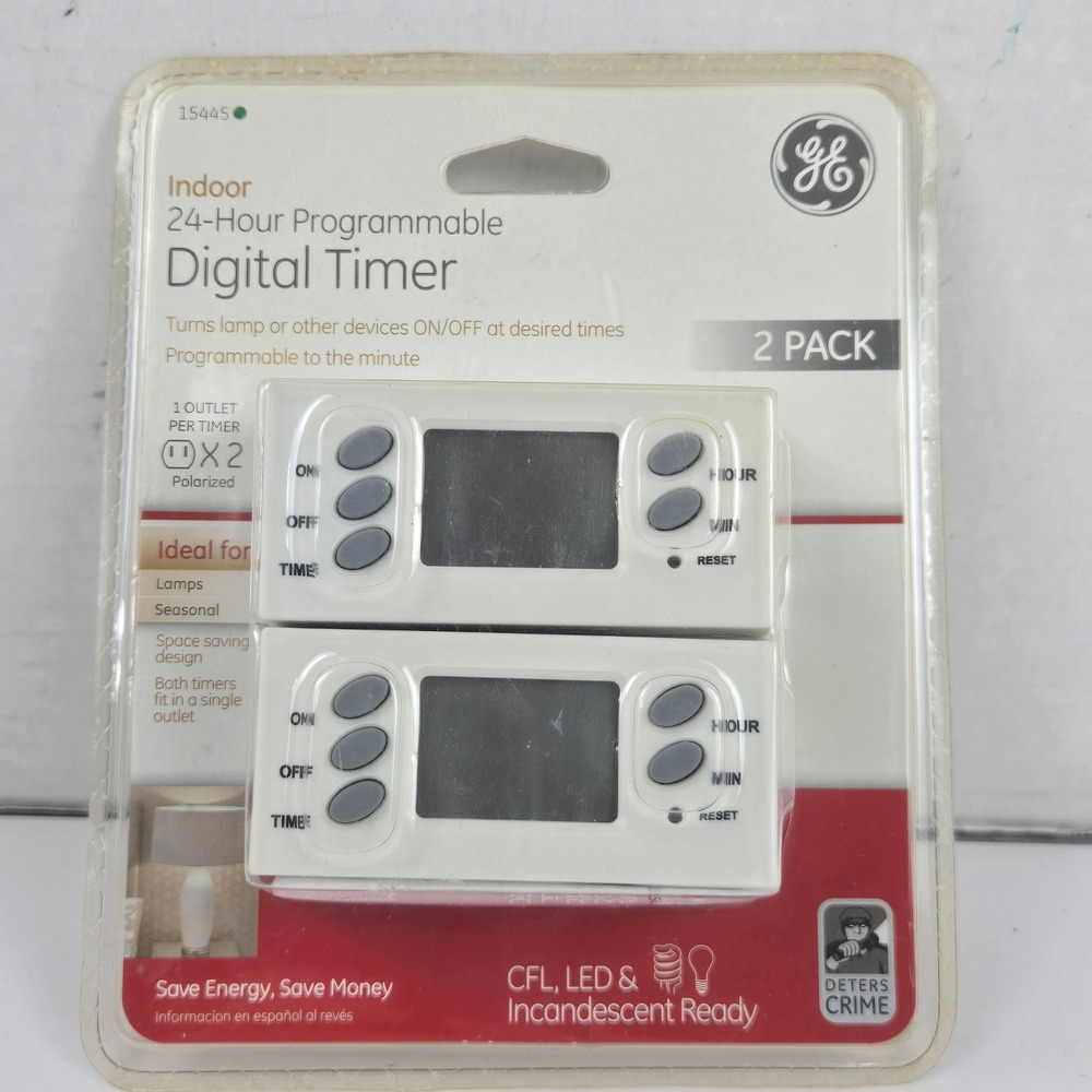 GE Indoor 24-Hour Programmable Digital Timer 2 Pack White 15445 Space Saving NIB